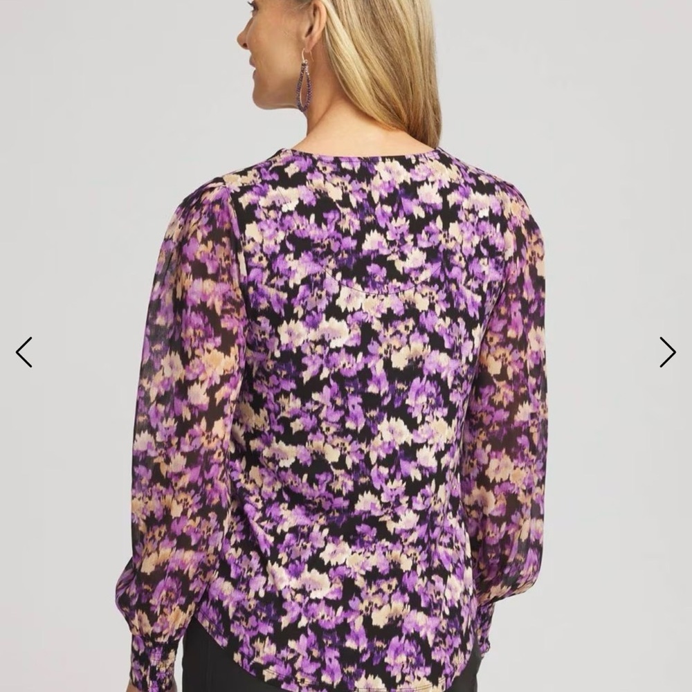 Chico’s Floral Sheer Blouse Size (3)XL Purple Black Organza Long Sleeve Top - Picture 2 of 12
